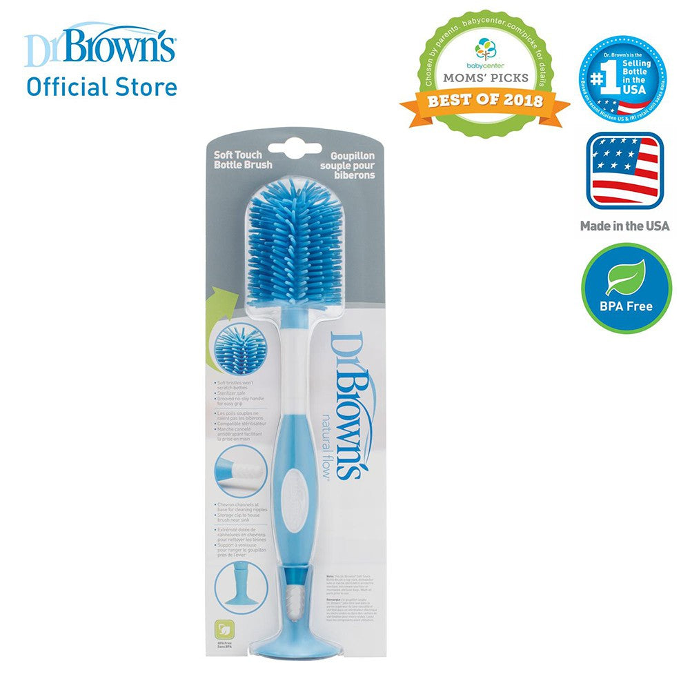 Dr. Brown's Soft Touch Baby Feeding Bottle Brush (Non-Metal, No Sponge), Blue/Pink