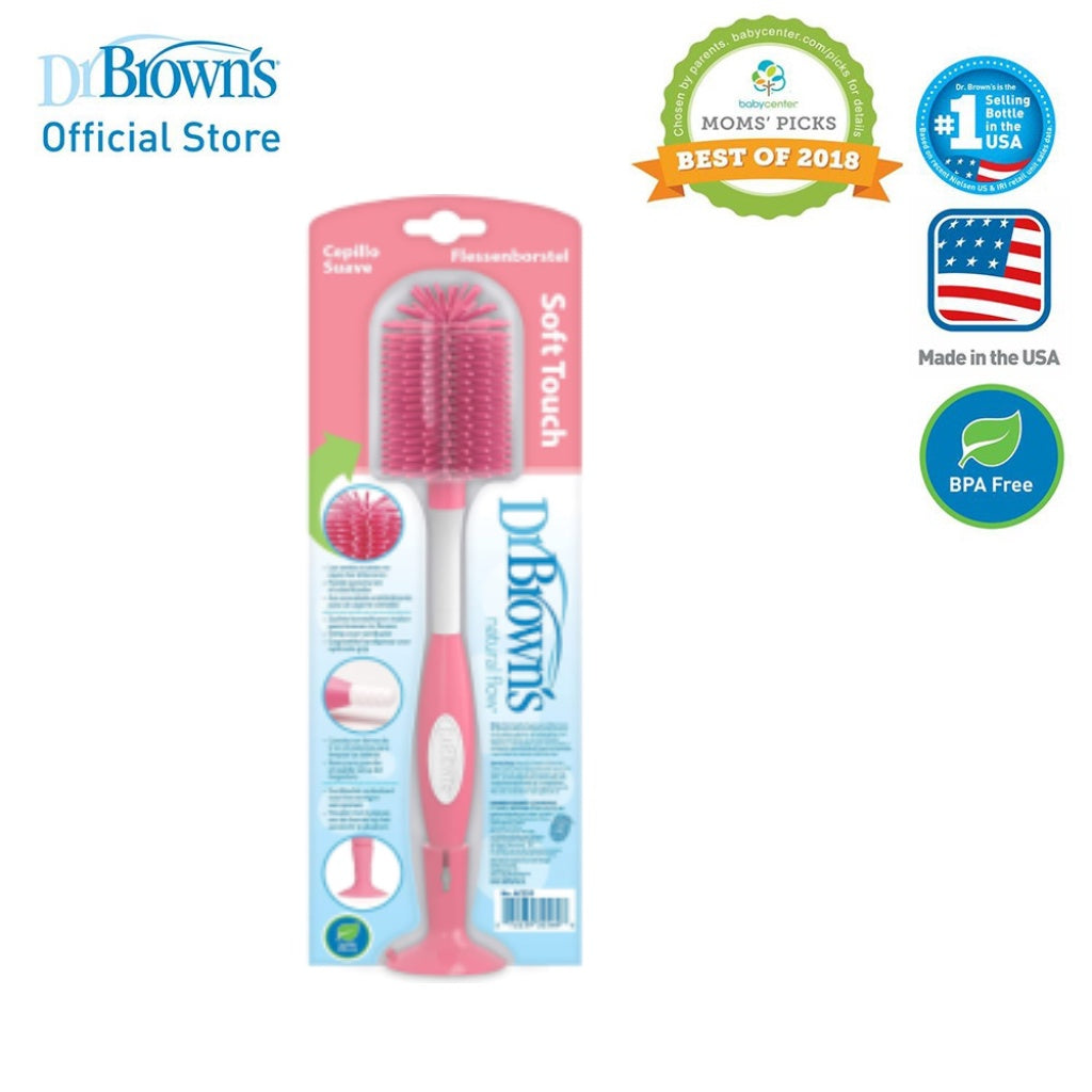 Dr. Brown's Soft Touch Baby Feeding Bottle Brush (Non-Metal, No Sponge), Blue/Pink