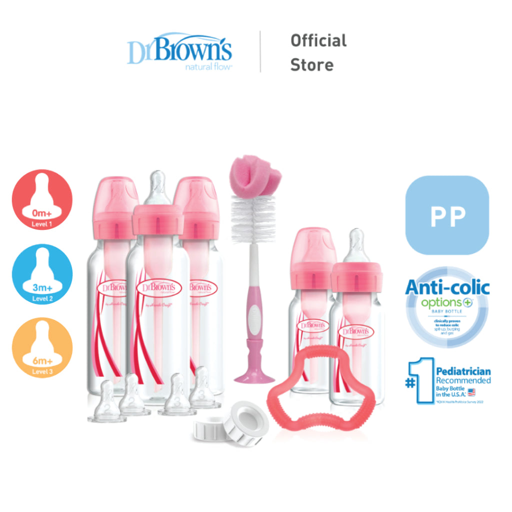 Dr. Brown's Anti-Colic Options+ PP Narrow Neck Baby Bottle Gift Set - BPA/PFOA Free, Silicone Nipple, Anti-Reflux -Blue/Pink