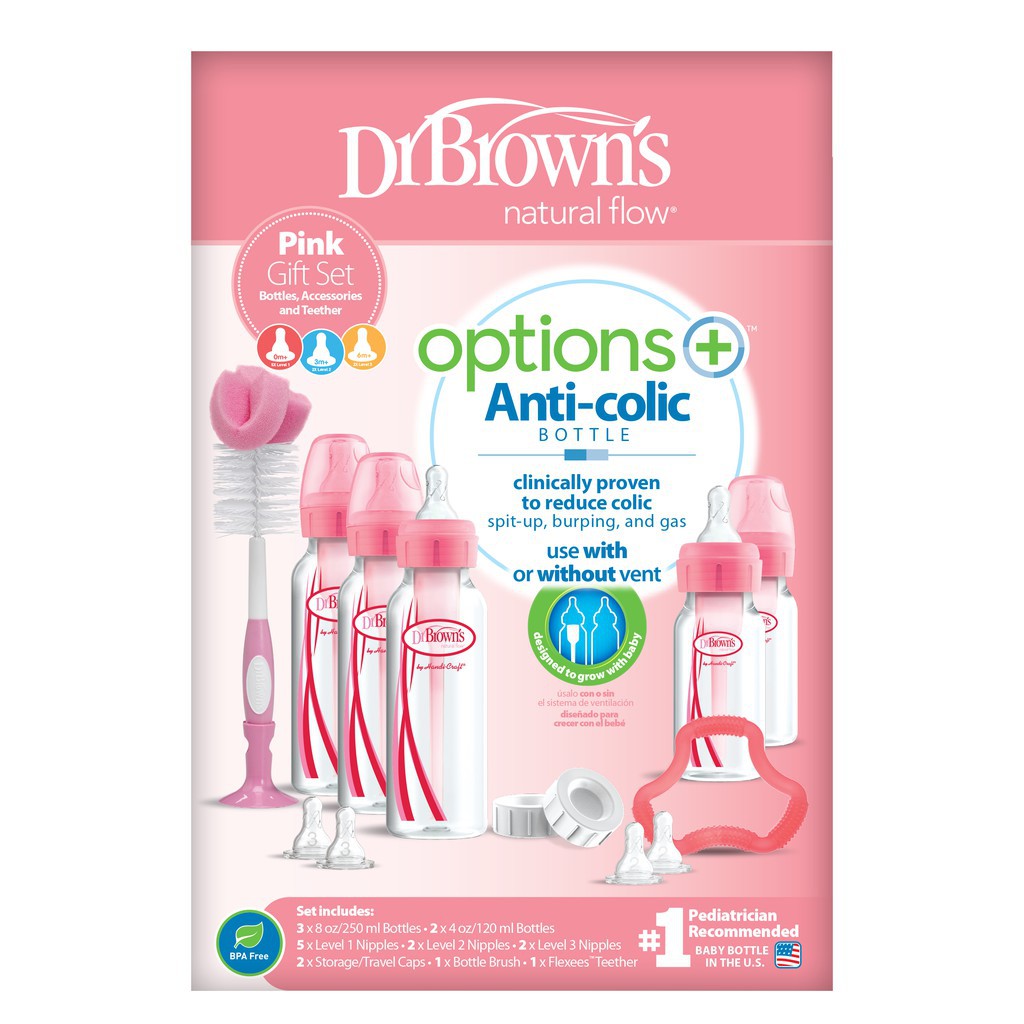 Dr. Brown's Anti-Colic Options+ PP Narrow Neck Baby Bottle Gift Set - BPA/PFOA Free, Silicone Nipple, Anti-Reflux -Blue/Pink