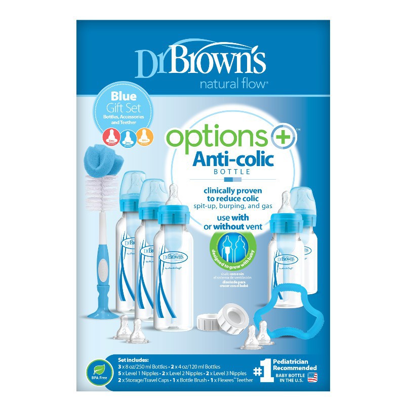 Dr. Brown's Anti-Colic Options+ PP Narrow Neck Baby Bottle Gift Set - BPA/PFOA Free, Silicone Nipple, Anti-Reflux -Blue/Pink