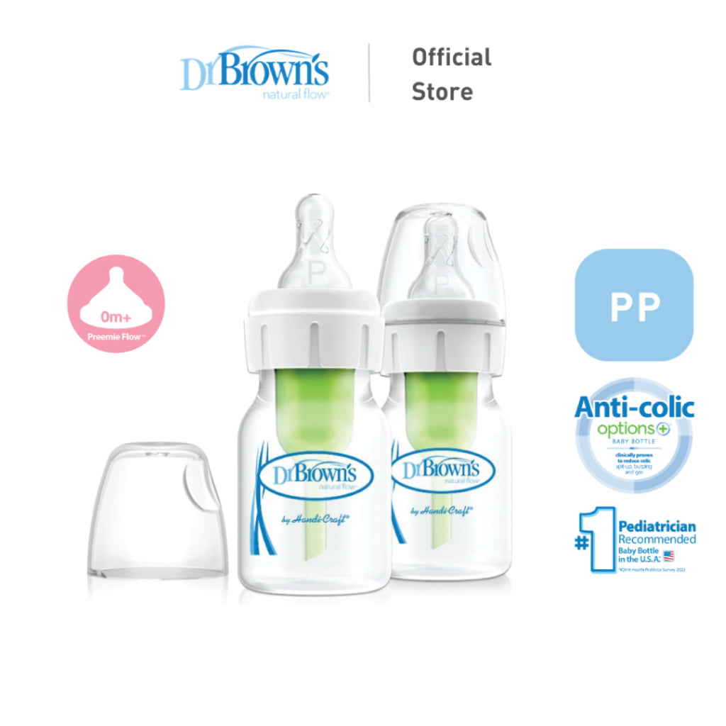 Dr. Brown's Anti-Colic Newborn Options+ PP Narrow Neck 2oz/60ml Bottle, 2 Bottles, Preemie Teat