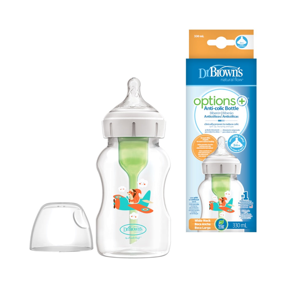 Dr. Brown’s Anti-Colic Options+ PP Wide Neck 11oz/330ml Bottle, Squirrel Pilot/Balloon Bunny, 1 Bottle, Level 2 teat