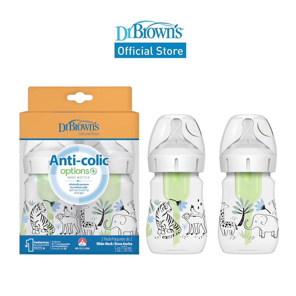 Dr. Brown’s Anti-Colic Newborn Options+ PP Wide Neck 5oz/150ml Bottle, Jungle/Woodland, 2 Bottles, Level 1 Teat