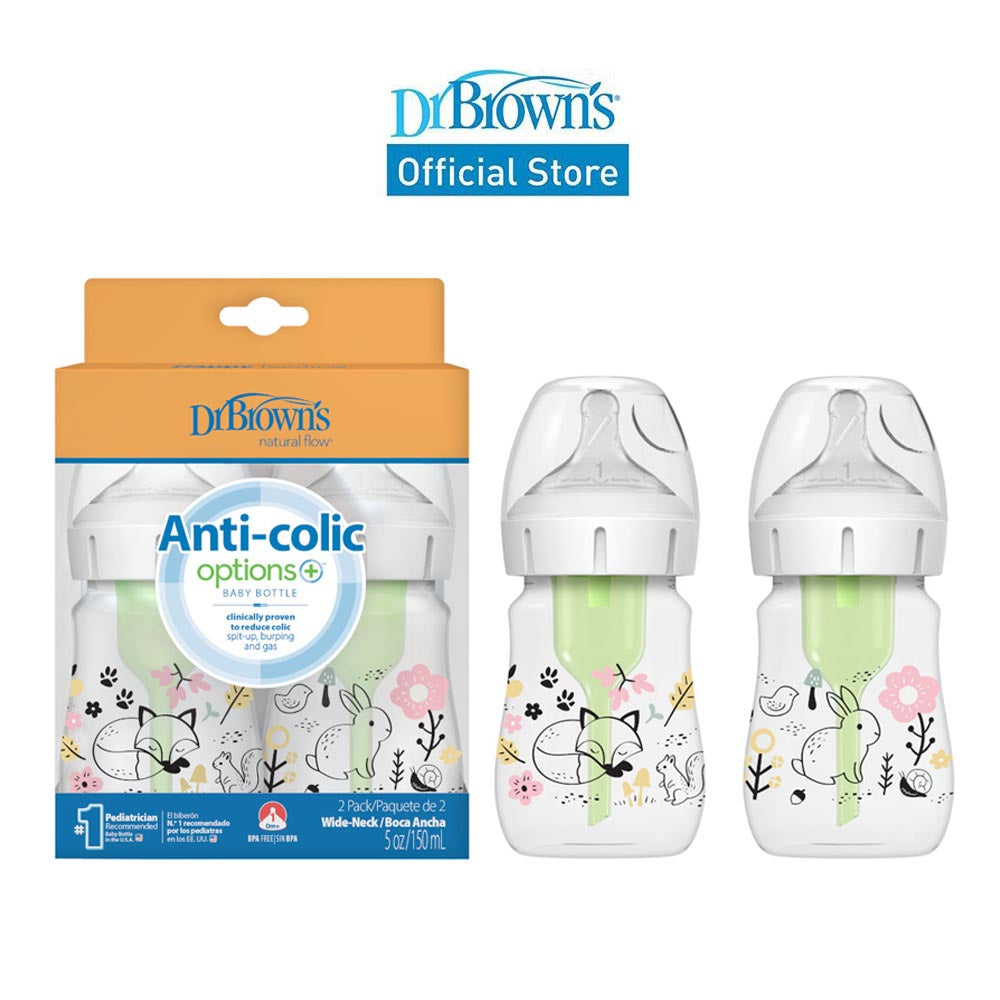 Dr. Brown’s Anti-Colic Newborn Options+ PP Wide Neck 5oz/150ml Bottle, Jungle/Woodland, 2 Bottles, Level 1 Teat