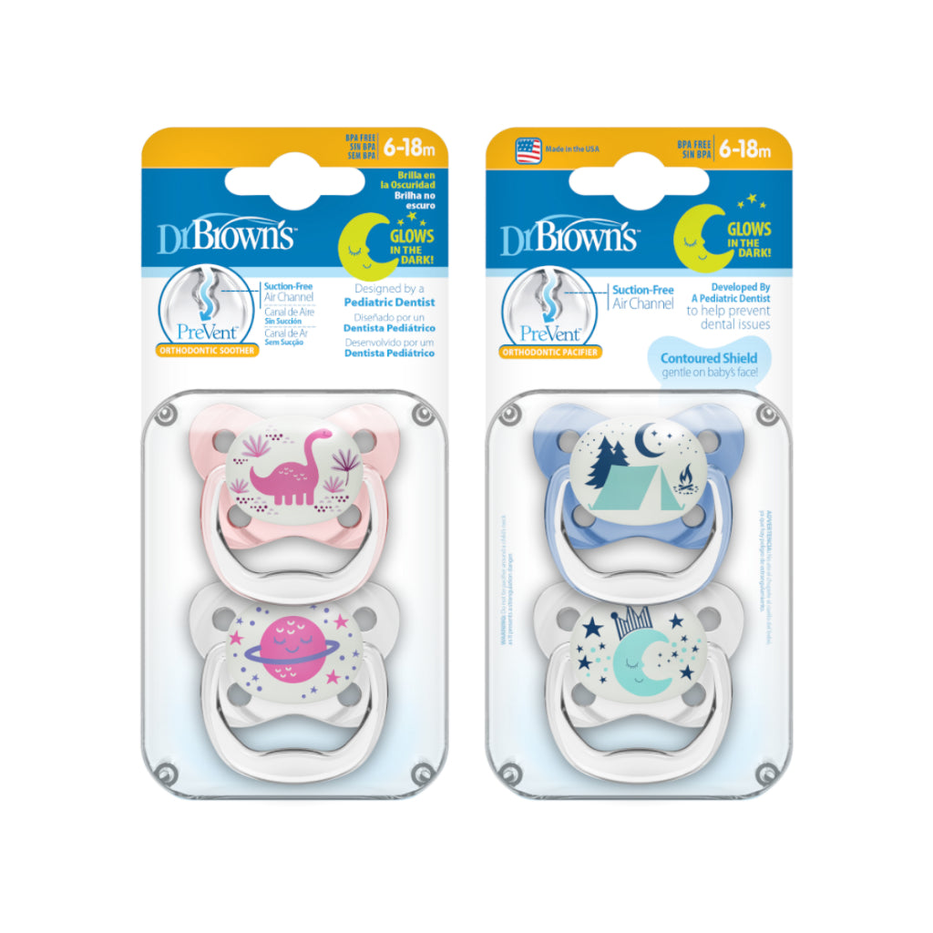 Dr. Brown's PreVent™ Glow in the Dark Orthodontic Pacifier, Stage 2 for 6months+, Suction-Free & Breathable, Unisex, 2 Pieces