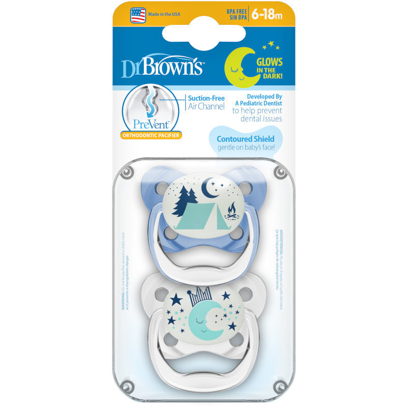 Dr. Brown's PreVent™ Glow in the Dark Orthodontic Pacifier, Stage 2 for 6months+, Suction-Free & Breathable, Unisex, 2 Pieces