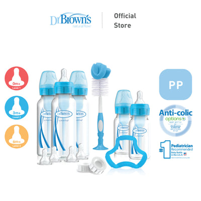 Dr. Brown's Anti-Colic Options+ PP Narrow Neck Baby Bottle Gift Set - BPA/PFOA Free, Silicone Nipple, Anti-Reflux -Blue/Pink