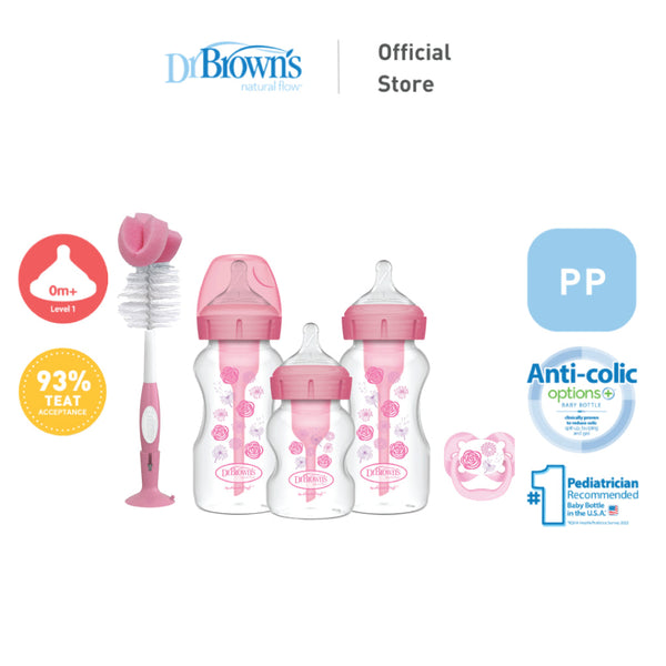 Dr. Brown's Anti-Colic Options+ PP Wide Neck Baby Bottle Gift Set - BPA/PFOA Free, Silicone Nipple, Anti-Reflux - Blue/Pink