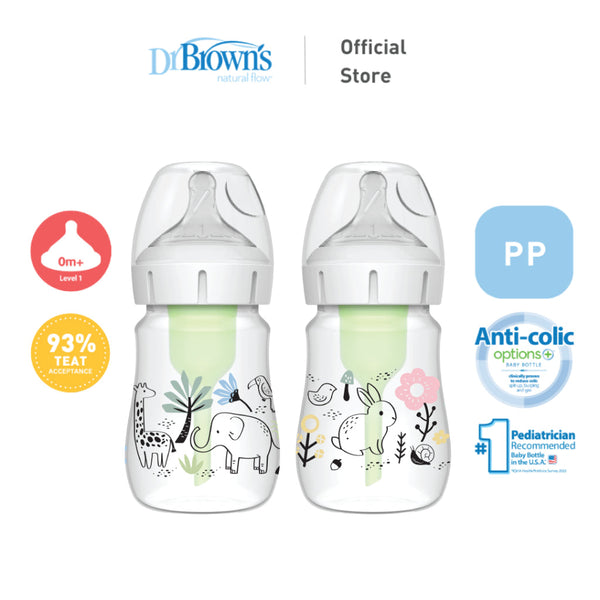 Dr. Brown's Anti-Colic Newborn Options+ PP Wide Neck 5oz/150ml Bottle, Jungle Elephant/Woodland Bunny, 1 Bottle, Level 1 Teat