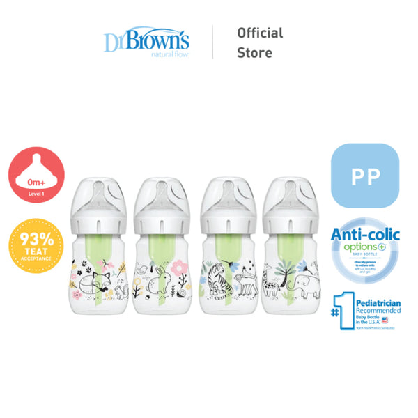 Dr. Brown’s Anti-Colic Newborn Options+ PP Wide Neck 5oz/150ml Bottle, Jungle/Woodland, 2 Bottles, Level 1 Teat