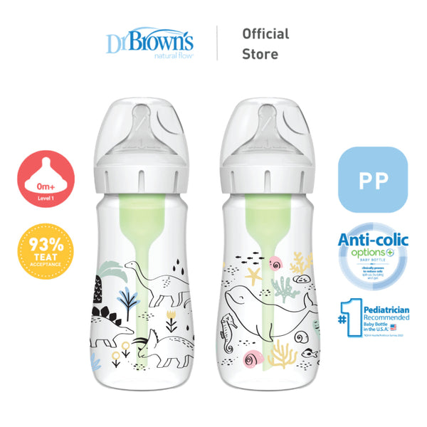 Dr. Brown's Anti-Colic Options+ PP Wide Neck 9oz/270ml Bottle, Multi Dino/Ocean Whale, 1 Bottle, Level 1 Teat