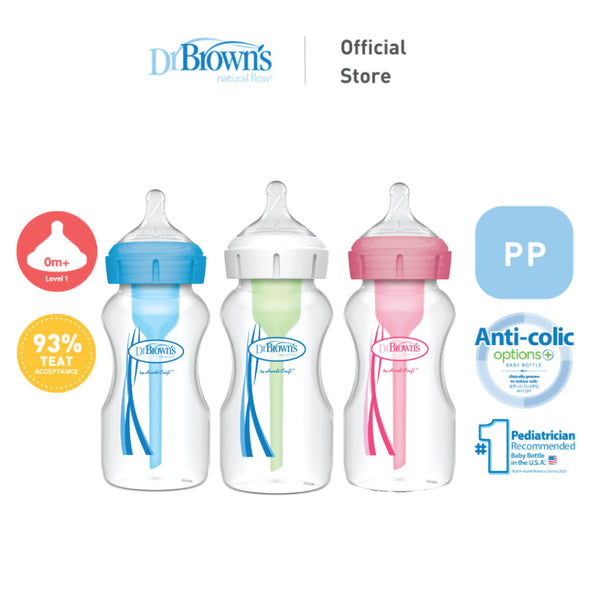 Dr. Brown's Anti-Colic Options+ PP Wide Neck 9oz/270ml Bottle, Pink/White/Blue, 1 Bottle, Level 1 Teat