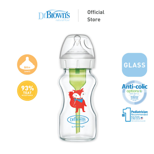 Dr. Brown's Anti-Colic Options+ Glass Wide Neck 9oz/270ml Bottle, 1 Bottle, Level 3 Teat
