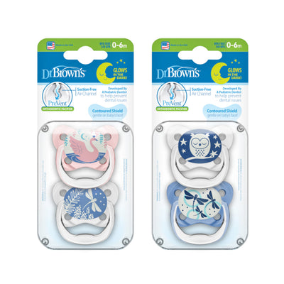 Dr. Brown's PreVent™ Glow in the Dark Orthodontic Pacifier, Stage 1 for 0-6months, Suction-Free & Breathable, Unisex, 2 Pieces