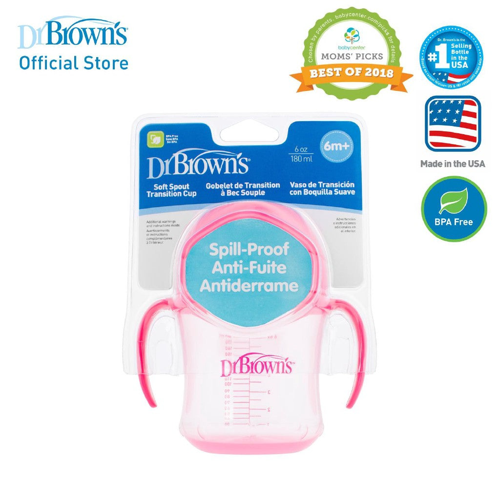 Dr. Brown's Soft-Spout Transition Baby Toddler Cup W/ Handles, 6oz/180ml, Blue/Green/Pink