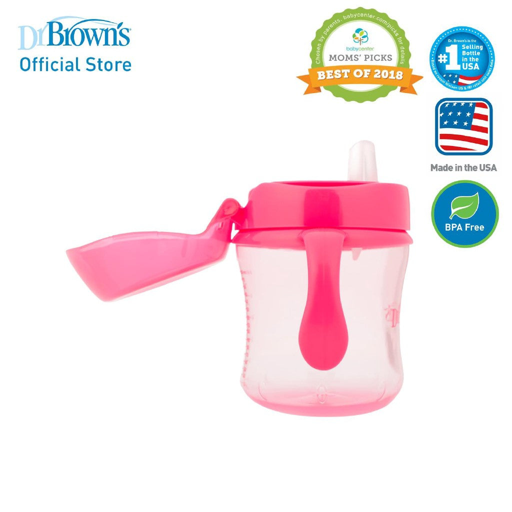 Dr. Brown's Soft-Spout Transition Baby Toddler Cup W/ Handles, 6oz/180ml, Blue/Green/Pink