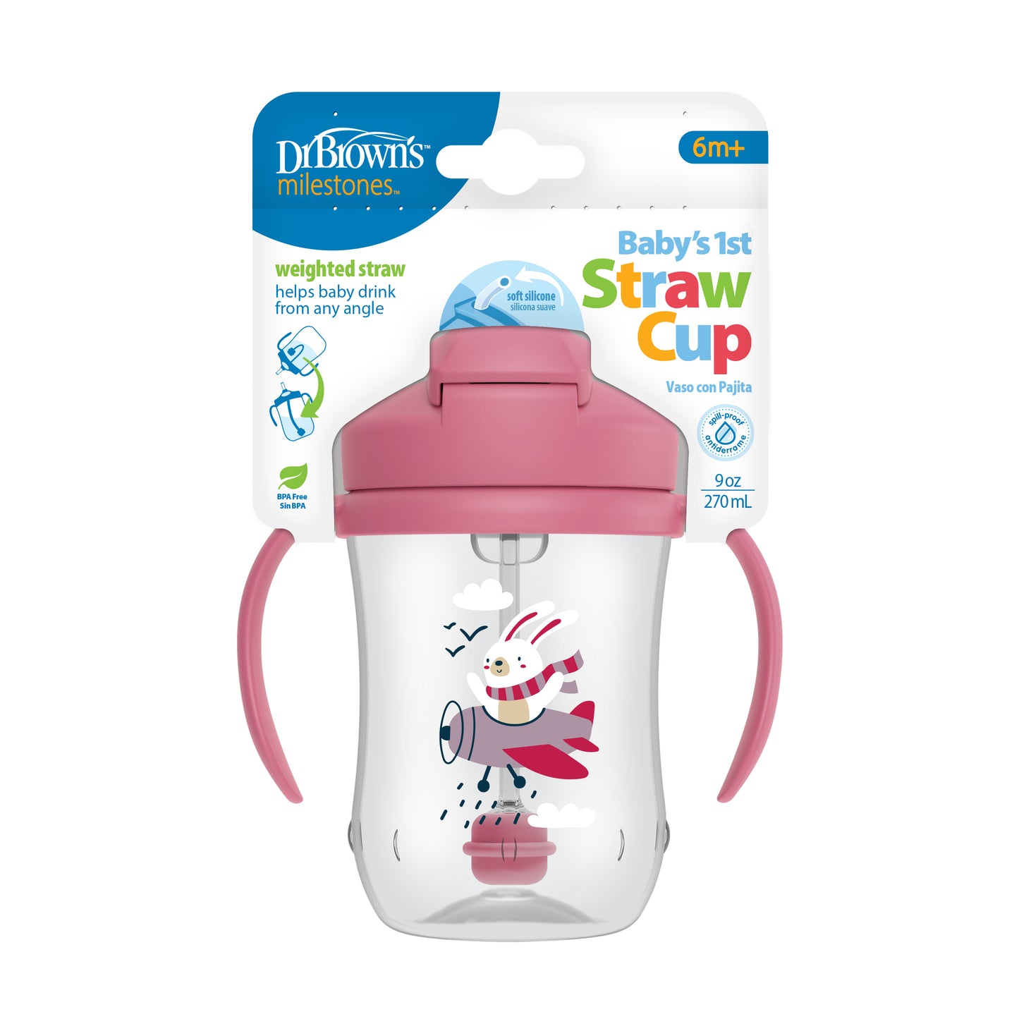 Dr. Brown's First Straw Baby Toddler Drinking Cup 9oz/270ml, Pink/Blue